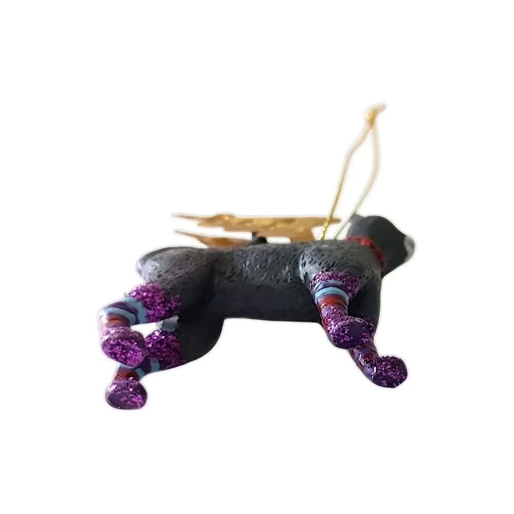 Vtg Black Cat Angel Ornament Gold Wings Purple Glitter Legs Christmas‎ Halloween